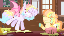 Size: 3371x1915 | Tagged: safe, artist:katelynleeann42, artist:sugaryicecreammlp, imported from derpibooru, oc, oc only, oc:citrus blast, oc:lunar party, bat pony, pony, book, cake, egg, female, food, mare