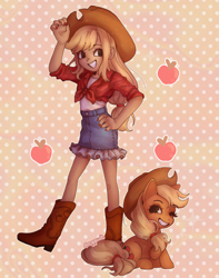Size: 2364x3000 | Tagged: safe, artist:eggcult, imported from derpibooru, kotobukiya, applejack, earth pony, human, pony, applejack's hat, boots, clothes, cowboy hat, cute, denim skirt, duality, female, grin, hat, human ponidox, humanized, jackabetes, kotobukiya applejack, looking at you, mare, one eye closed, self ponidox, shoes, skirt, smiling, wink