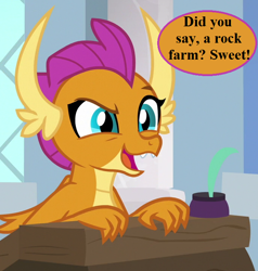 Size: 684x720 | Tagged: safe, edit, edited screencap, imported from derpibooru, screencap, smolder, a rockhoof and a hard place, cropped, desk, school of friendship, solo, speech, talking