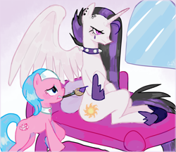 Size: 1280x1105 | Tagged: safe, artist:pxunii, imported from derpibooru, aloe, lotus blossom, princess celestia, alicorn, earth pony, pony, between dark and dawn, duo, goth, mouth hold, paintbrush, punklestia, scene interpretation