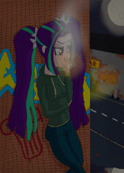 Size: 2496x3492 | Tagged: safe, artist:ewrrfb, imported from derpibooru, aria blaze, human, equestria girls, bar, cigarette, cigarette smoke, clothes, graffiti, hoodie, jeans, leaf, leafs, leaves, moon, night, pants, pigtails, puddle, purple eyes, purple hair, smoke, smoking, street, trash bag, trash can