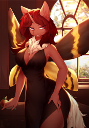 Size: 1971x2832 | Tagged: safe, alternate version, artist:mashiro, imported from derpibooru, oc, oc only, oc:flechette, anthro, changeling, insect, moth, mothling, original species, big breasts, breasts, cleavage, clothes, curved horn, dress, female, horn, neck fluff, red changeling, side slit, solo, solo female, species swap, wings