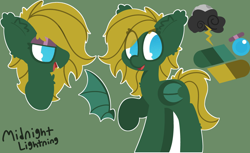 Size: 2048x1256 | Tagged: safe, artist:moonydusk, imported from derpibooru, oc, oc only, oc:midnight lightning, bat pony, pony, bat pony oc, bat wings, commission, cute, eyeshadow, female, looking at you, makeup, mare, reference sheet, smiling, solo, wings