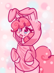 Size: 600x800 | Tagged: safe, artist:valeria_fills, imported from derpibooru, pinkie pie, earth pony, pony, :p, animal costume, animated, bipedal, blinking, blushing, bunny costume, clothes, costume, cute, diapinkes, digital art, female, gif, mare, simple background, solo, standing, tail, tongue out