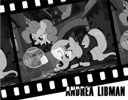 Size: 635x497 | Tagged: safe, artist:pixelkitties, imported from derpibooru, fluttershy, pinkie pie, earth pony, pegasus, pony, andrea libman, clothes, duo, female, film reel, fish bowl, mare, monochrome, neo noir, noir, partial color, pixelkitties' brilliant autograph media artwork