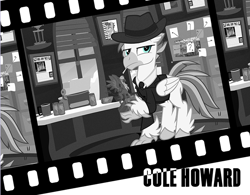 Size: 638x497 | Tagged: safe, artist:pixelkitties, imported from derpibooru, terramar, wind rider, hippogriff, clothes, cole howard, film reel, male, monochrome, mugshot, neo noir, noir, office, partial color, photo, pinboard, pixelkitties' brilliant autograph media artwork
