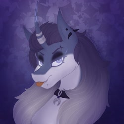 Size: 2048x2048 | Tagged: safe, artist:lunathemoongod, imported from derpibooru, oc, oc only, pony, unicorn, collar, glowing eyes, glowing horn, horn, makeup, piercing, solo, tongue out