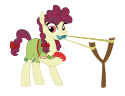 Size: 4522x3497 | Tagged: safe, artist:third uncle, artist:three uncle, imported from derpibooru, hilly hooffield, earth pony, pony, the hooffields and mccolts, background pony, biting, bow, clothes, female, food, hair bow, hooffield family, mare, pigtails, simple background, slingshot, solo, tomato, transparent background, vector