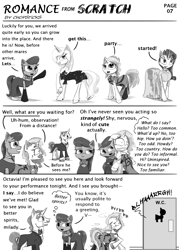 Size: 2200x3072 | Tagged: safe, artist:chopsticks, imported from derpibooru, dj pon-3, fancypants, fleur-de-lis, octavia melody, rarity, vinyl scratch, earth pony, pony, unicorn, comic:romance from scratch, adorkable, bedroom eyes, black dress, cheek fluff, chest fluff, clothes, comic, concave belly, cute, dialogue, dork, dress, female, little black dress, male, mare, monochrome, monocle, running, shipper on deck, stallion, text, unshorn fetlocks, vinylbetes, vomit, vomiting