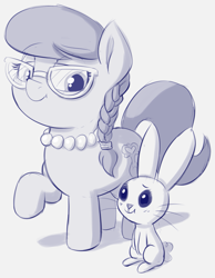 Size: 1309x1683 | Tagged: safe, artist:heretichesh, imported from derpibooru, silver spoon, earth pony, pony, rabbit, animal, female, filly, glasses, happy, jewelry, male, pet