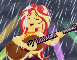 Size: 1400x1100 | Tagged: safe, artist:rockhoppr3, imported from derpibooru, sunset shimmer, equestria girls, equestria girls series, let it rain, spoiler:eqg series (season 2), guitar, musical instrument, rain, solo, spotlight