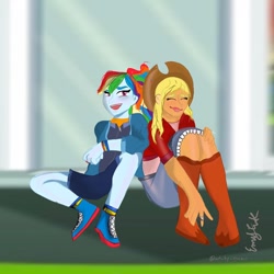 Size: 1080x1080 | Tagged: safe, artist:emziesart, imported from derpibooru, applejack, rainbow dash, equestria girls, alternate hairstyle, boots, bracelet, clothes, duo, eyes closed, female, hat, jewelry, open mouth, outdoors, ring, shoes, shorts, signature, smiling
