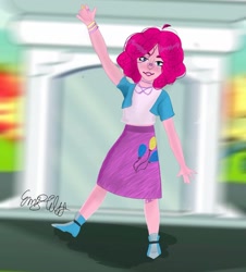 Size: 1080x1193 | Tagged: safe, artist:emziesart, imported from derpibooru, pinkie pie, equestria girls, bracelet, clothes, cutie mark, cutie mark on clothes, dress, female, jewelry, outdoors, ring, shoes, signature, smiling, solo, waving