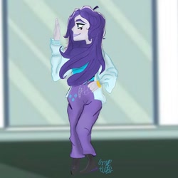 Size: 1080x1080 | Tagged: safe, artist:emziesart, imported from derpibooru, rarity, equestria girls, bracelet, clothes, cutie mark, cutie mark on clothes, female, jewelry, outdoors, pants, shoes, signature, smiling, solo