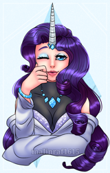 Size: 570x889 | Tagged: safe, artist:malinraf1615, imported from derpibooru, rarity, human, alternate hairstyle, blue background, clothes, coat, eyeshadow, female, horn, horned humanization, humanized, jewelry, makeup, necklace, one eye closed, simple background, sleeveless, solo, wink