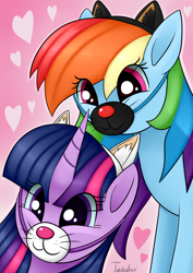 Size: 2480x3507 | Tagged: safe, artist:twidasher, imported from derpibooru, rainbow dash, twilight sparkle, pegasus, pony, cat ears, clothes, cosplay, costume, cute, dashabetes, duo, ear fluff, female, gradient background, heart, lesbian, mask, meme mask, neko, shipping, signature, twiabetes, twidash