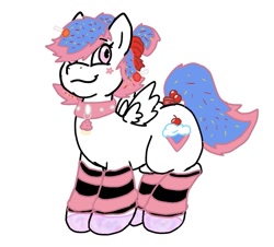 Size: 917x828 | Tagged: safe, imported from derpibooru, oc, oc:sugar rush (mlh), pegasus, pony, candy, clothes, collar, cupcake, cutie mark, female, food, hair tie, hoof polish, licorice, lollipop, mare, my little harem, socks, sprinkles, stockings, thigh highs