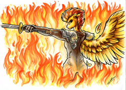 Size: 1920x1375 | Tagged: safe, artist:lupiarts, imported from derpibooru, spitfire, anthro, badass, crossover, fire, looking at you, looking back, looking back at you, one winged pegasus, sephiroth, solo, spitfiery