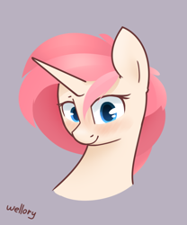 Size: 1000x1200 | Tagged: safe, artist:wellory, imported from derpibooru, oc, oc only, oc:redly, pony, unicorn, blushing, cute, female, simple background, solo