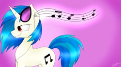 Size: 1930x1080 | Tagged: safe, artist:emalajiss36, imported from derpibooru, dj pon-3, vinyl scratch, pony, unicorn, female, jewelry, mare, music notes, necklace, signature, smiling, solo, sunglasses