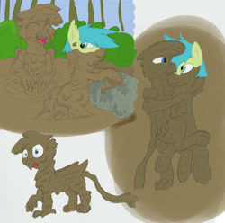 Size: 1280x1272 | Tagged: safe, artist:pzkratzer, imported from derpibooru, gallus, sandbar, earth pony, griffon, covered in mud, duo, eyes closed, gallbar, gay, hug, lying down, male, mud, muddy, open mouth, shipping, sketch, sketch dump, swamp, trash art