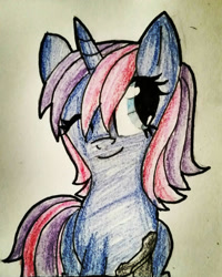 Size: 1152x1440 | Tagged: safe, artist:juliet-gwolf18, imported from derpibooru, oc, oc only, pony, unicorn, bust, eyelashes, female, horn, mare, one eye closed, smiling, solo, traditional art, unicorn oc, wink