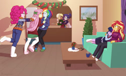 Size: 1815x1100 | Tagged: safe, artist:carnifex, imported from derpibooru, applejack, fluttershy, pinkie pie, rainbow dash, rarity, sci-twi, sunset shimmer, twilight sparkle, equestria girls, apron, blushing, bow, bunny slippers, christmas sweater, clothes, commission, cookie, cuddling, female, flutterdash, food, glasses off, hair bow, hair bun, holiday, hoodie, lesbian, mistletoe, necktie, now kiss, rarijack, scitwishimmer, shipper on deck, shipping, skirt, slippers, socks, sunsetsparkle, sweater, winter