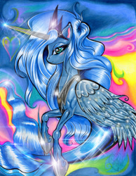 Size: 1280x1650 | Tagged: safe, artist:alaer, imported from derpibooru, princess luna, alicorn, merpony, seapony (g4), blue eyes, colored pupils, crown, deviantart watermark, eyelashes, female, fish tail, flowing mane, flowing tail, glow, glowing, high res, hoof shoes, horn, jewelry, logo, long horn, long mane, obtrusive watermark, regalia, seaponified, seapony luna, smiling, solo, sparkly, species swap, tail, underwater, water, watermark, wings