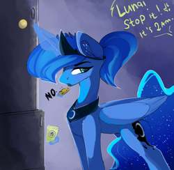 Size: 3075x3000 | Tagged: safe, artist:therealf1rebird, imported from derpibooru, princess luna, alicorn, pony, coffee, cookie, cup, dialogue, ear fluff, eating, female, food, glowing horn, horn, implied princess celestia, jewelry, looking back, magic, mare, offscreen character, regalia, s1 luna, solo, telekinesis, wings