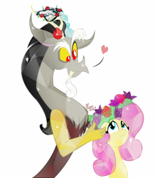 Size: 1280x1466 | Tagged: safe, artist:natalysweeneyart, imported from derpibooru, discord, fluttershy, crystal pony, draconequus, pony, bust, crystallized, discoshy, female, floral head wreath, flower, heart, looking at each other, looking at someone, looking up, male, mare, shipping, simple background, smiling, sparkles, straight, thorn, thorns, white background