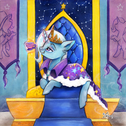 Size: 1984x1988 | Tagged: safe, artist:lailyren, imported from derpibooru, trixie, pony, unicorn, alternate universe, cape, clothes, commission, crown, cup, ear fluff, jewelry, magic, regalia, solo, teacup, telekinesis, throne, traditional art, trixie's cape