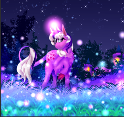 Size: 582x549 | Tagged: safe, imported from derpibooru, twilight, classical unicorn, pony, unicorn, cloven hooves, dream castle, forest, g1, glowing, glowing horn, horn, leonine tail, my little pony, solo, unshorn fetlocks