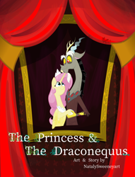 Size: 1280x1679 | Tagged: safe, artist:natalysweeneyart, imported from derpibooru, discord, fluttershy, alicorn, draconequus, pony, comic:the princess and the draconequus, alicornified, bust, curtains, discoshy, fanfic, fanfic art, fanfic cover, female, fluttercorn, folded wings, holding arms, hoof shoes, jewelry, looking at each other, looking up, male, mare, painting, portrait, race swap, shipping, smiling, straight, tiara, title, wings