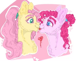 Size: 1280x1020 | Tagged: safe, artist:skior, imported from derpibooru, fluttershy, pinkie pie, earth pony, pegasus, pony, boop, bust, female, flutterpie, heart eyes, lesbian, looking at each other, noseboop, ponytail, shipping, tongue out, wingding eyes