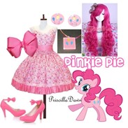 Size: 183x183 | Tagged: artist needed, source needed, safe, imported from derpibooru, pinkie pie, pony, bow, clothes, dress, ear piercing, earring, high heels, inspired outfits, jewelry, necklace, picture for breezies, piercing, shoes, solo, wig