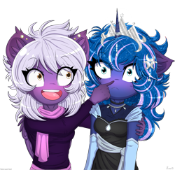 Size: 3089x3000 | Tagged: safe, artist:darkest-lunar-flower, imported from derpibooru, princess luna, oc, oc:nighty cloud, anthro, :<, blushing, boop, commission, ear fluff, ear piercing, female, looking at you, mare, piercing, simple background, smiling, transparent background