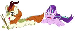 Size: 1300x553 | Tagged: artist needed, source needed, safe, imported from derpibooru, autumn blaze, starlight glimmer, kirin, pony, unicorn, the cutie map, duo, duo female, equal cutie mark, female, s5 starlight, simple background, staff, staff of sameness, transparent background