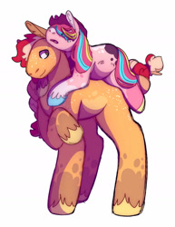 Size: 1280x1654 | Tagged: safe, artist:lockandkeyhyena, imported from derpibooru, applejack, pinkie pie, earth pony, pony, accessory swap, applejack's hat, applepie, cowboy hat, female, hat, lesbian, mare, missing cutie mark, piggyback ride, shipping, simple background, size difference, white background