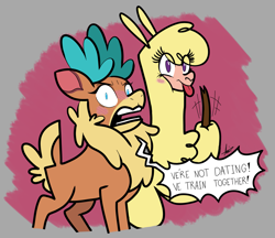 Size: 2307x1996 | Tagged: safe, artist:shelbysmol, imported from derpibooru, paprika paca, velvet reindeer, alpaca, deer, reindeer, them's fightin' herds, :p, blushing, cloven hooves, community related, doe, duo, female, implied velverika, lesbian, paprika (tfh), shipping, tongue out, tsundeer, velverika, velvet (tfh), velvet is not amused, velvet reindeer is not amused