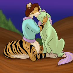 Size: 1000x1000 | Tagged: safe, artist:foxenawolf, imported from derpibooru, oc, oc:chakat tigerbright, oc:violet woods, anthro, chakat, original species, taur, unicorn, fanfic:foreign affairs, duo, fanfic art, furry, kissing, night, oc x oc, outdoors, shipping, unshorn fetlocks