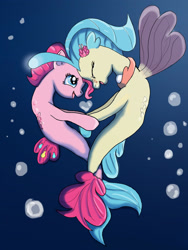 Size: 2121x2828 | Tagged: safe, artist:saphire-dragon42, imported from derpibooru, pinkie pie, princess skystar, earth pony, seapony (g4), my little pony: the movie, blue eyes, bubble, clothes, eyes closed, female, fin wings, fins, fish tail, flower, flower in hair, flowing mane, flowing tail, freckles, holding hooves, jewelry, lesbian, looking at each other, necklace, nuzzling, ocean, open mouth, pearl necklace, seaponified, seapony pinkie pie, see-through, shipping, simple background, skypie, smiling, species swap, tail, underwater, water, wings