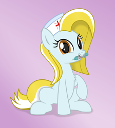 Size: 2652x2962 | Tagged: safe, artist:chomakony, imported from derpibooru, oc, oc only, oc:nurse reisol, earth pony, pony, chest fluff, cute, female, gradient background, hat, looking at you, mare, mouth hold, nurse, nurse hat, open mouth, raised hoof, show accurate, simple background, syringe