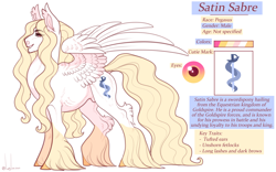 Size: 1600x1000 | Tagged: safe, artist:snowberry, imported from derpibooru, oc, oc only, oc:satin sabre, pegasus, pony, cutie mark, fluffy, long hair, male, reference sheet, signature, smiling, socks (coat marking), stallion, unshorn fetlocks