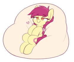 Size: 1064x904 | Tagged: safe, artist:shinodage, lucky charm (character), earth pony, pony, beanbag chair, bow, cute, female, filly, hair bow, heart, lidded eyes, pigtails, simple background, solo, twintails, white background