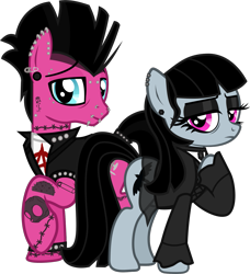 Size: 1291x1418 | Tagged: safe, artist:lightningbolt, imported from derpibooru, oc, oc:goth lass, oc:punk dude, earth pony, derpibooru community collaboration, .svg available, 2021 community collab, bags under eyes, bridge piercing, choker, clothes, duo, dyed mane, dyed tail, ear piercing, earring, eyebrow piercing, eyeliner, eyeshadow, female, frown, goth, jewelry, lidded eyes, lip piercing, looking at you, makeup, male, mare, married couple, nose piercing, piercing, punk, raised hoof, safety pin, shirt, skirt, smiling, snake bites, stallion, svg, tail band, tattoo, undershirt, vector, vest, wristband