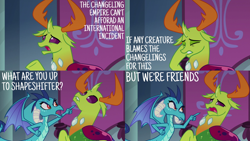 Size: 2000x1125 | Tagged: safe, edit, edited screencap, editor:quoterific, imported from derpibooru, screencap, princess ember, thorax, changedling, changeling, school daze, king thorax