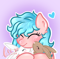 Size: 2688x2653 | Tagged: safe, artist:honeybee, imported from derpibooru, cozy glow, pegasus, pony, rabbit, a better ending for cozy, alternate hairstyle, animal, commission, cozybetes, cuddling, cute, eyes closed, female, filly, gradient background, heart, ych result