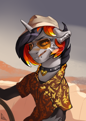 Size: 2480x3477 | Tagged: safe, artist:bilistitheles, imported from derpibooru, oc, oc:moonshine, unicorn, choker, clothes, collar, desert, driving, fear and loathing in las vegas, female, hat, hawaiian shirt, hunter s. thompson, movie reference, shirt, sitting, smoking, socks, stockings, thigh highs