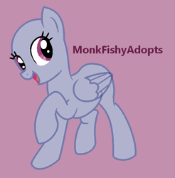 Size: 609x620 | Tagged: safe, artist:monkfishyadopts, imported from derpibooru, oc, pegasus, rarity takes manehattan, bald, base, eyelashes, open mouth, pegasus oc, purple background, raised hoof, simple background, smiling, solo, wings