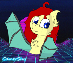 Size: 2448x2118 | Tagged: safe, artist:gamer-shy, imported from derpibooru, oc, oc:gamershy yellowstar, bat pony, blue eyes, fluffy, name tag, red mane, synthwave, thestral, vaporwave, waving, yellow coat